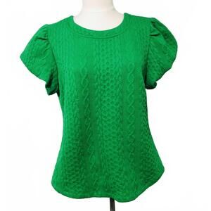 VOY Green Cable Knit Puff Sleeve Top Small b14